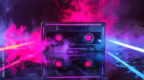 Retro cassette tape stands on a mirror field surrounded by neon lights and colorful smoke. The von Dark, emphasizing bright neon colors.