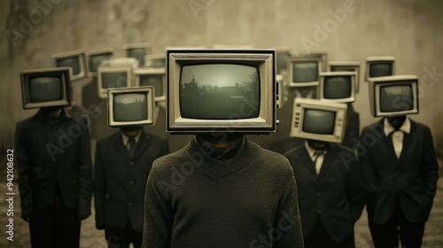 Lost in Transmission: A haunting image of conformity, featuring a crowd with vintage TVs for heads, reflecting a bleak cityscape and posing questions about technology's influence. 