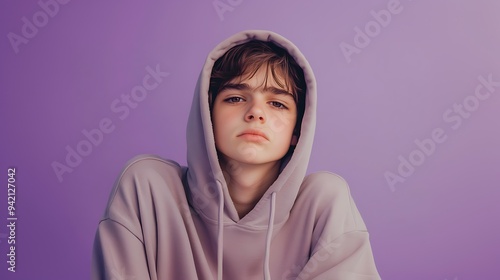 A teenage boy with a hoodie pulled over his head, sitting alone with a sad look on a lavender background.