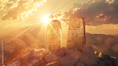 Divine commandments stone tablets on mountain summit bathed in sunlight realistic photo