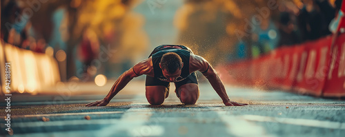 A weary marathon runner collapses in exhaustion at the finish line, capturing a powerful moment of determination and endurance.