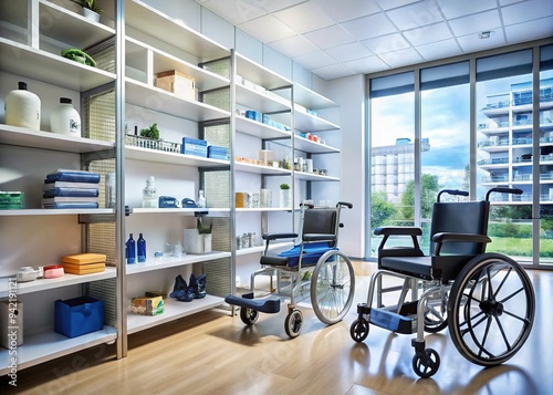 Well-organized shelves in a medical supply store stocked with various healthcare devices, wheelchairs, and rehabilitation equipment, lit by soft, natural light filtering through windows.