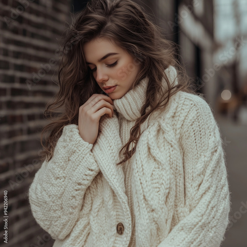 woman in chunky white knit sweater outdoors