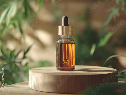 Glass bottles with CBD oil, THC tincture and hemp leaves background