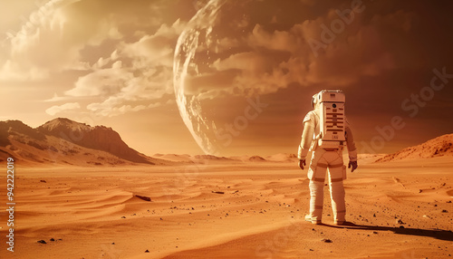 Spaceman walks on the red planet Mars. Space Mission. Astronaut travel in space