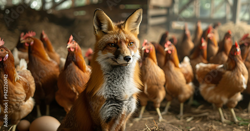 A Red Fox in a Chicken Coop Full of Brown Hens, Exhibiting a Cunning Expression as It Moves Stealthily Among the Hens in a Tense and Dramatic Rural Scene