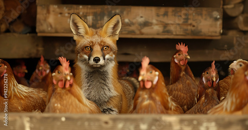 A Red Fox in a Chicken Coop Full of Brown Hens, Exhibiting a Cunning Expression as It Moves Stealthily Among the Hens in a Tense and Dramatic Rural Scene