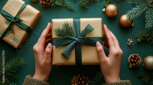 Person holding a beautifully wrapped gift surrounded by Christmas decorations and festive ornaments