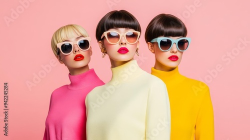 1960s mod fashion with washed-out colors and film burn effects, youthful style, retro chic