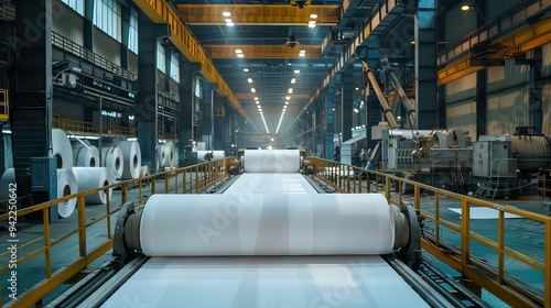 Large roll of white paper passing through a machine on a production line in a factory.