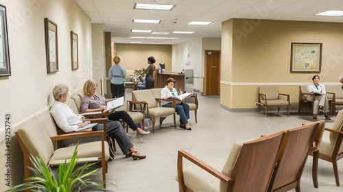 A waiting room with people sitting and waiting in a line of chairs.