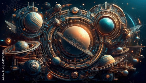 Futuristic planet system with exoplanets in space. Space-themed digital collage. Generated image