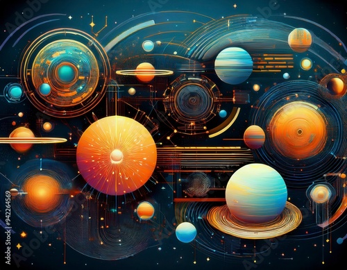 Futuristic planet system with exoplanets in space. Space-themed digital collage. Generated image