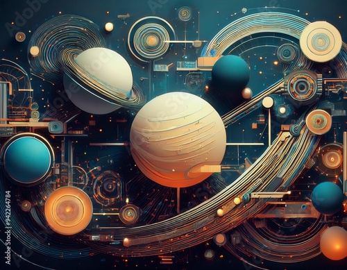 Futuristic planet system with exoplanets in space. Space-themed digital collage. Generated image