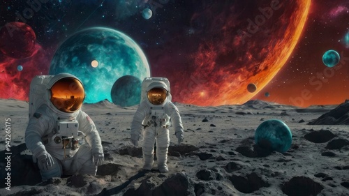 Wallpaper with a retro futuristic sci-fi theme. Astronaut and astronauts exploring planets in outer space. Generative Image