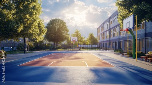 A schoolyard featuring a basketball court and the exterior of a school building, captured in the warm light of a sunny evening. The school yard also includes a playground area.