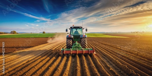 Tractor with spike implement in field creating precise lines in soil for efficient farming