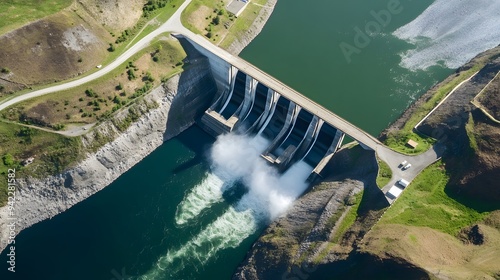 An aerial view of a dam with water rushing through it.