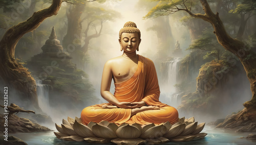 painting of Gautama Buddha Statue at sunset