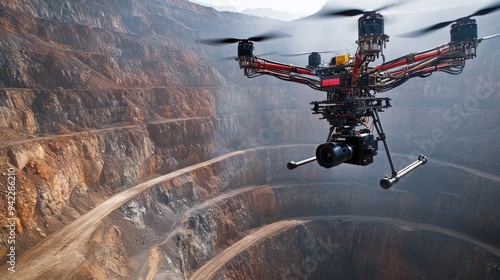 Mining operation with self-operating excavators and drones