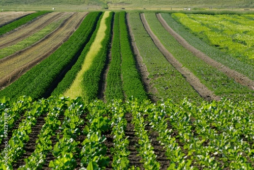 Drone view of crop rotation patterns, showcasing sustainable farming practices.