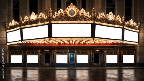 Iconic vintage theater facade at night, showcasing a beautifully designed marquee, perfect for film and entertainment-related projects.