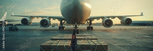 Cargo aircraft on the runway Aviation industry and planes Air transport and aerial journeys Worldwide logistics Flying in the air Creative photography Business-centered perspective