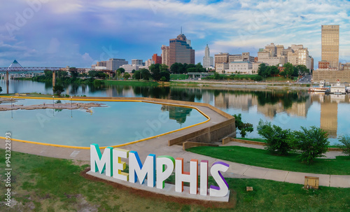 The Memphis Sign on Mud Island, and downtown Memphis, Tennessee, United States of America.