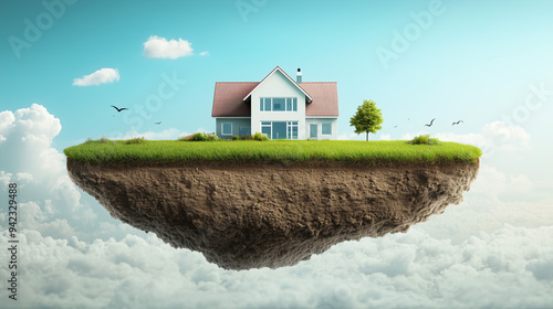 House with its own plot of land. Humorous depiction of a floating house on its piece of land against a sky background. Concept of owning or buying a home, land, or property.