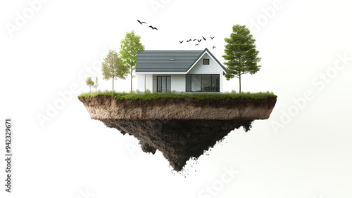 House with its own plot of land. Humorous depiction of a floating house on its piece of land against a white background. Concept of owning or buying a home, land, or property.