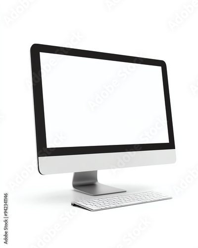 Modern desktop computer with a blank white screen and a wireless keyboard, isolated on a white background.