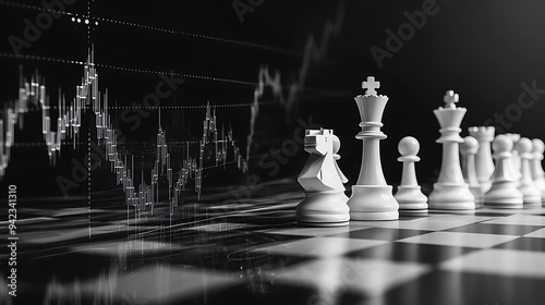 Chess Pieces on a Board with a Stock Market Graph in the Background