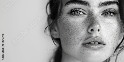 Close-Up of Woman's Face with Freckles and Natural Makeup in Black and White Photography