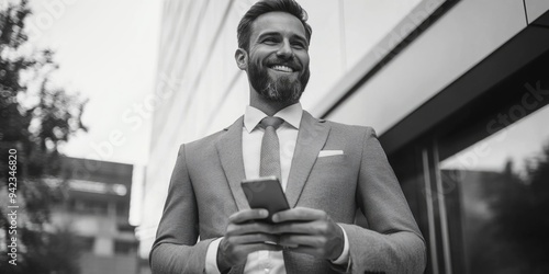 Businessman in Pinstripe Suit Looking into Phone