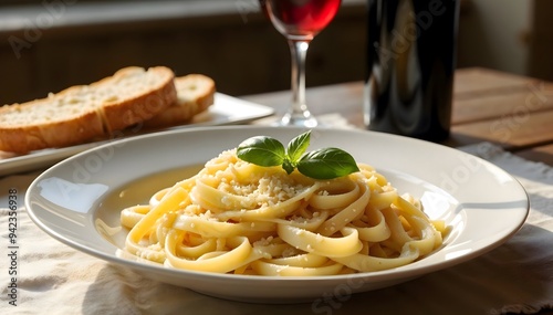 Delicious fettuccine topped with basil and cheese, paired with wine and bread. Capturing a warm Italian dining experience.