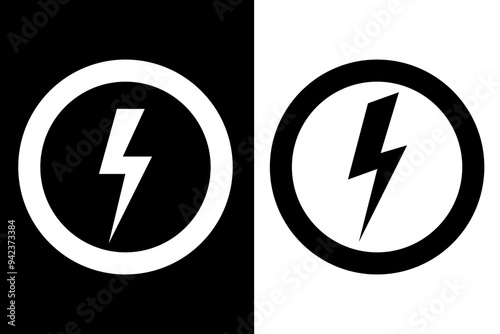 Two lightning icons. Black and white contrast. Bold electric symbol. Circular vector graphic.