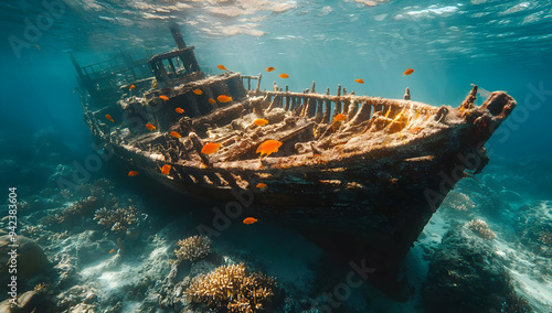 An enchanting view of a sunken ship surrounded by vibrant marine life, showcasing the beauty of underwater exploration.