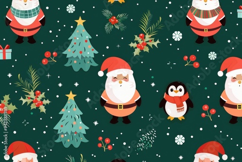 A festive design featuring Santa Claus surrounded by penguins in holiday spirit