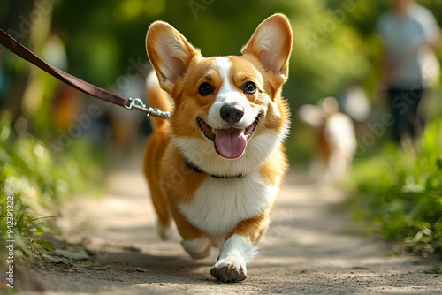 Happy corgi dog running on a trail, enjoying the outdoors with a wide smile and a wagging tail. Perfect for pet lovers.