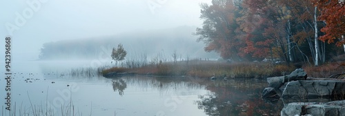 Foggy dawn by the water's edge