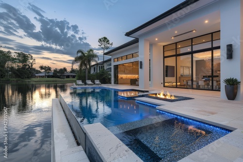 Modern luxury Florida home with large pool, fire pit, white stucco walls, blue LED lights, and lake view with palm trees.