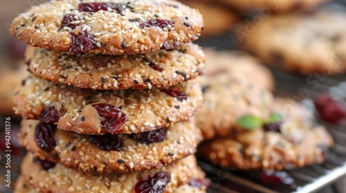 Cookies stack with dried cranberries and sesame seeds