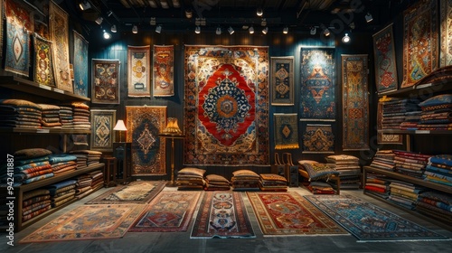 Variety of the gorgeous oriental carpets in traditional carpet store in Middle East. Pile of beautiful handmade carpets on the traditional Middle East market bazaar.