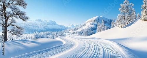 Snow-covered mountain road with a clear blue sky, winter adventure