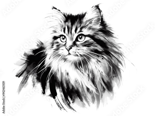 Use a Chinese brush with black ink to paint a picture of a Norwegian Forest Cat.