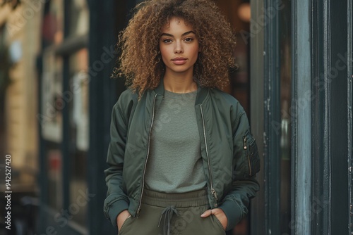 Stylish young woman in a bomber jacket with casual streetwear