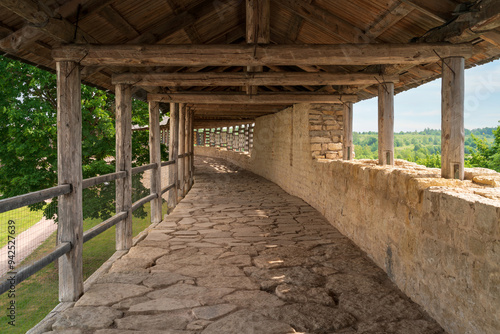 View of the gallery of the Izborsk fortress Wall on a sunny summer day, Izborsk, Pskov region, Russia