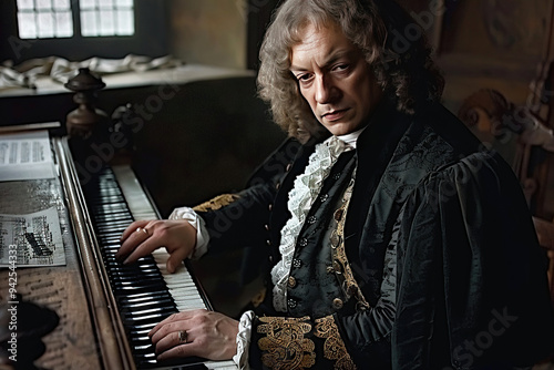 Bach Johann Sebastian, a German musical genius, composer plays the harpsichord in the church in a camisole and wig.