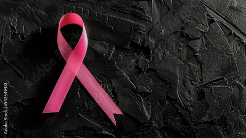 Pink ribbon on a black background, symbolizing breast cancer awareness with a striking, impactful contrast.