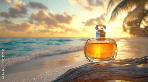 A beautifully rendered 3D scene of a perfume glass bottle on a tranquil beach, with a gentle breeze blowing through palm trees. The bottle is positioned on a smooth piece of driftwood, with the ocean